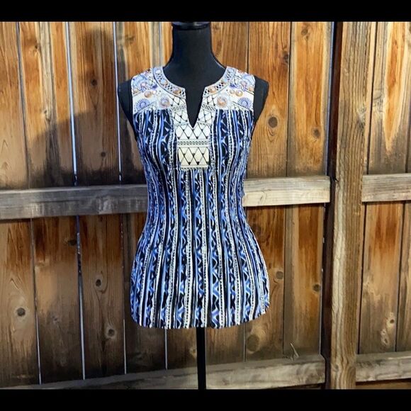 Alfani top sleeveless embroidery blue tan geometric mirrors blues Sz 4 - Picture 1 of 7